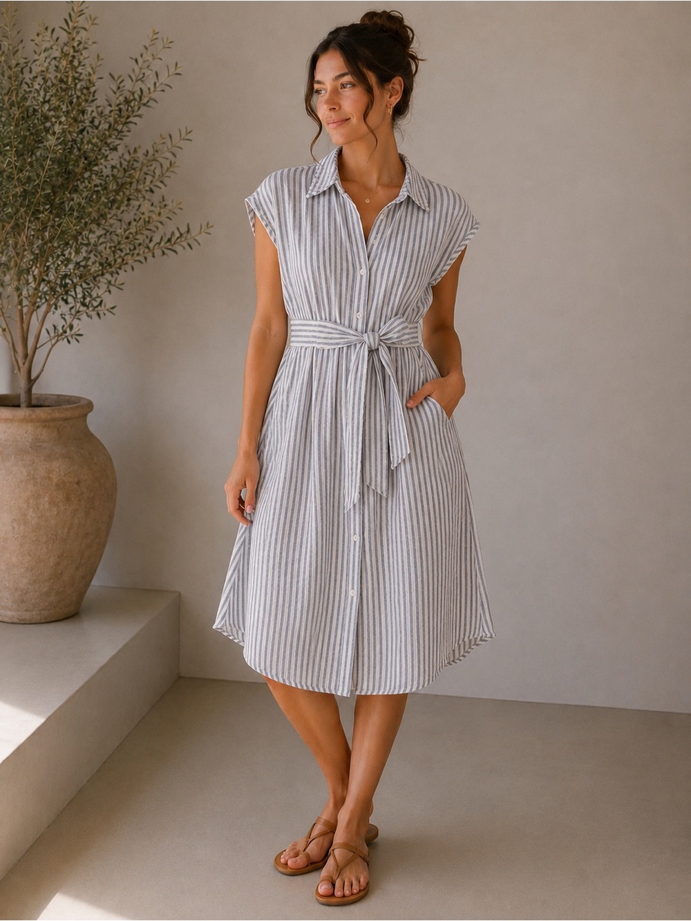 Max Studio Blue White Striped Shirt Dress L Belted Midi Short Sleeve Pockets